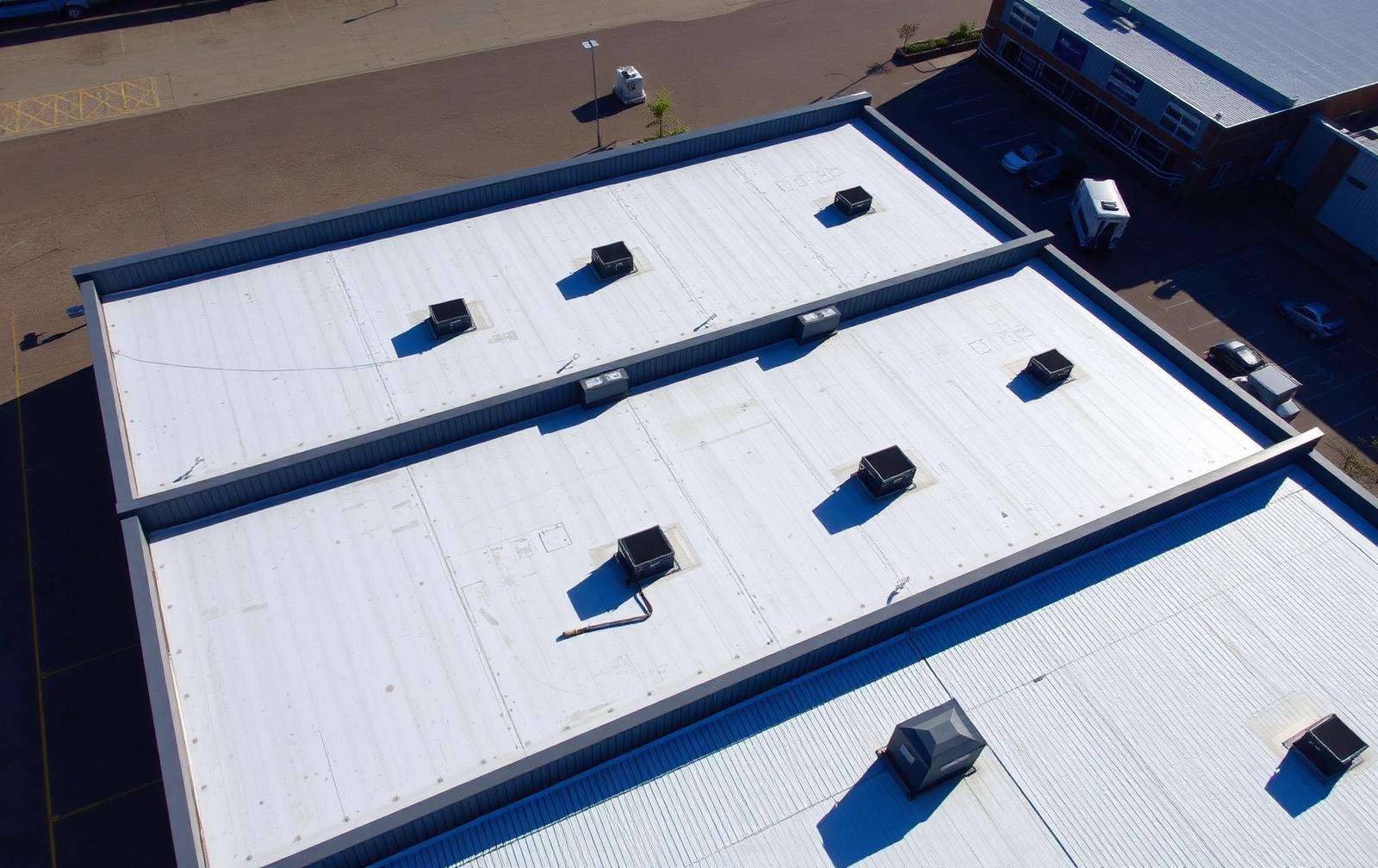 Stand-off aerial view of a commercial warehouse roof with parapets and plant units