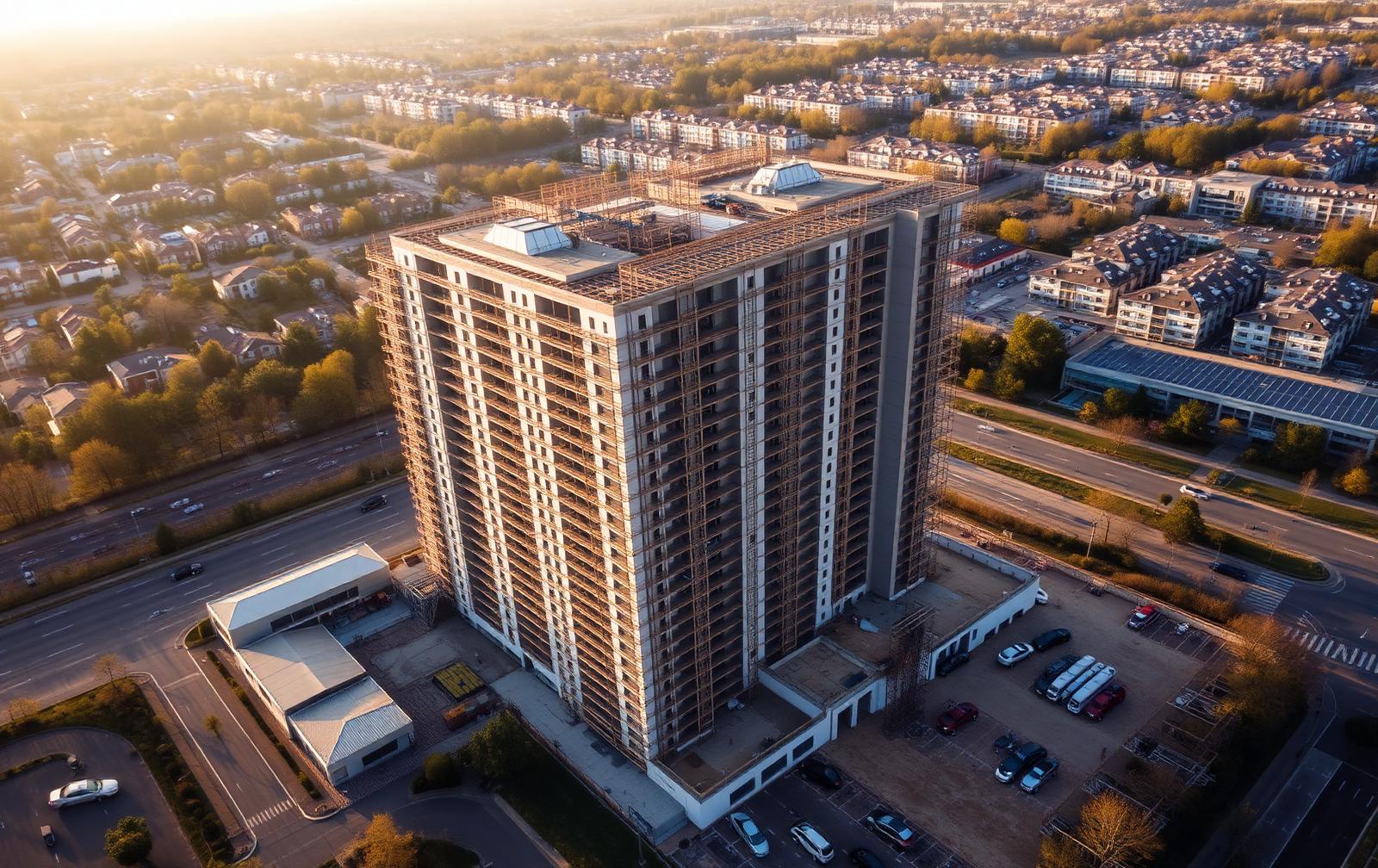 Oblique aerial view of a development under construction showing scaffolding and access routes