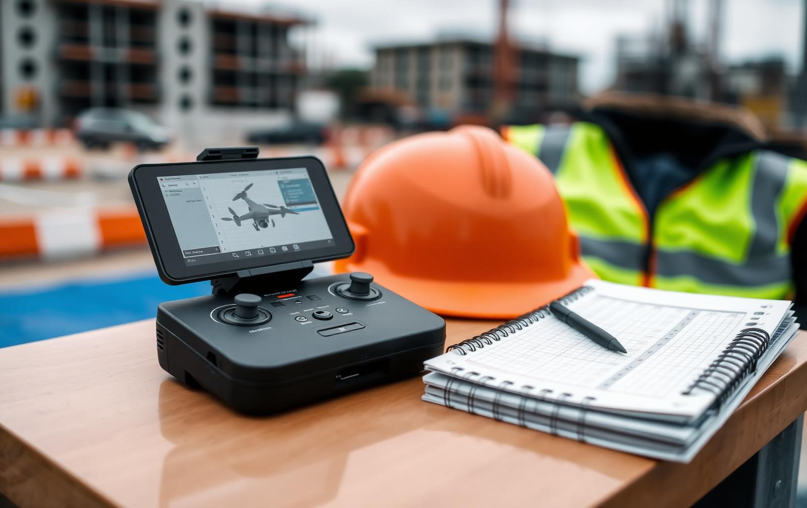 Drone controller screen and flight log notebook on a site table with hard hat and hi-vis vest